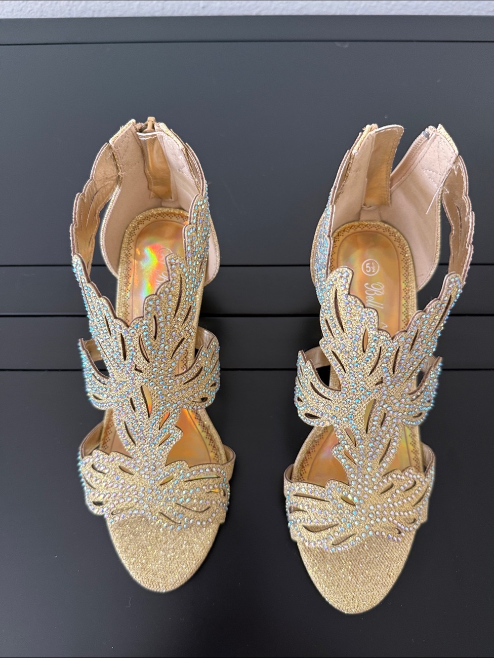 Gold Crystal Leaf Appliqué High Heel Sandals